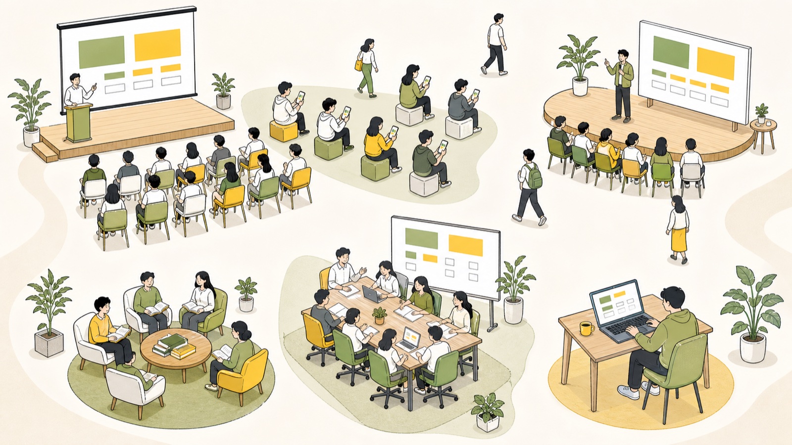同一個空間裡的六個場合：課堂、課後、自我介紹、讀書會、內訓、線上
