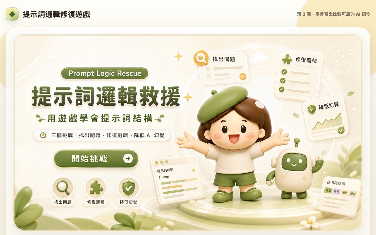 提示詞邏輯修復遊戲首屏:用遊戲學會提示詞結構,三關挑戰找出問題、修復邏輯、降低 AI 幻覺