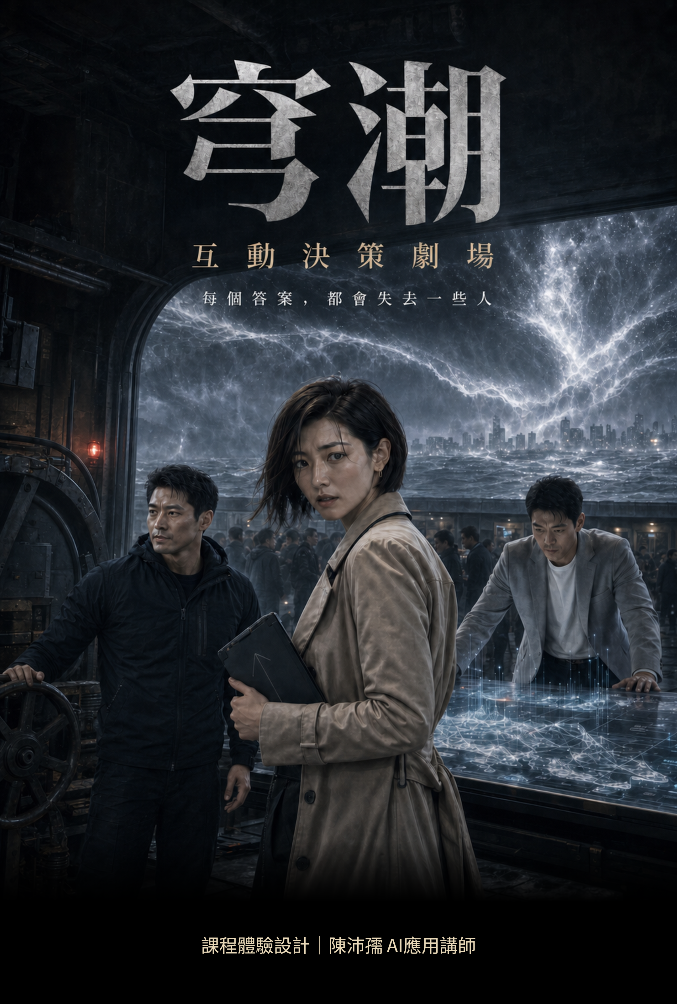 講師示範作品，互動決策遊戲穹潮的三人群像海報