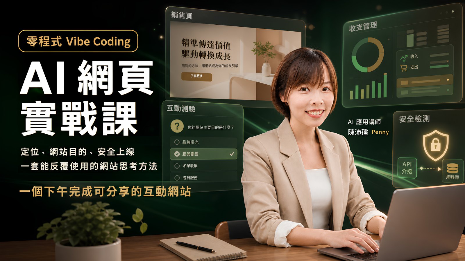 零程式 Vibe Coding｜AI 網頁實戰課。定位、網站目的、安全上線。一套能反覆使用的網站思考方法，一個下午完成可分享的互動網站。AI 應用講師陳沛孺 Penny