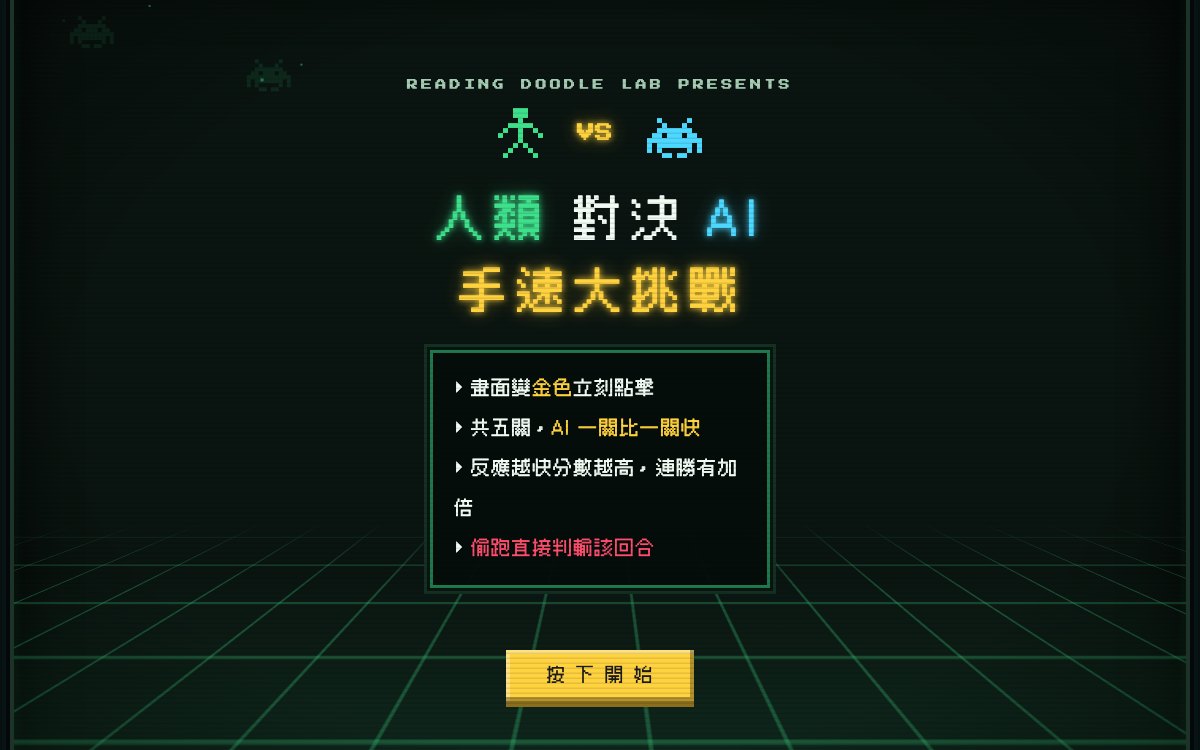 人類對決 AI 手速大挑戰首屏:復古街機風格,共五關,畫面變金色立刻點擊
