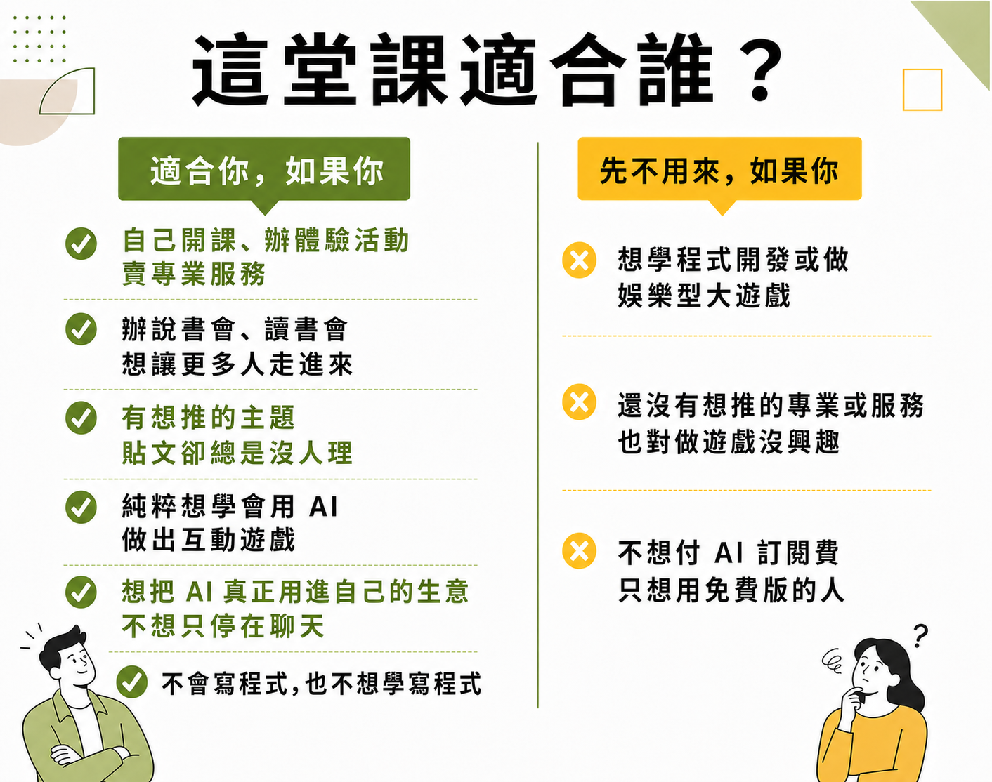 適合你，如果你自己開課、辦體驗活動、賣專業服務，或想學會用 AI 做出互動遊戲